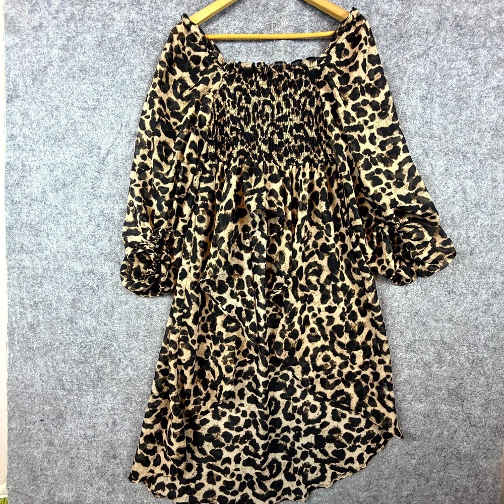 Live 4 Truth Blouse Womens Small Black‎ Beige Leopard Hi Low Puff Sleeve Smocked